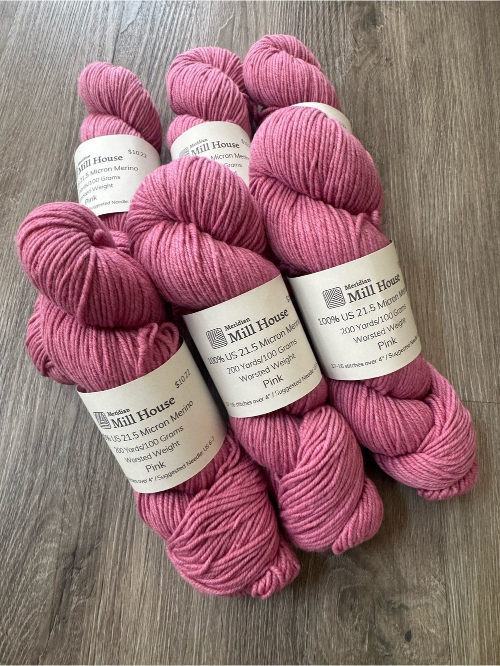 Meridian Mill House Pink Worsted Weight 100% 6 Skeins Merino Wool Yarn